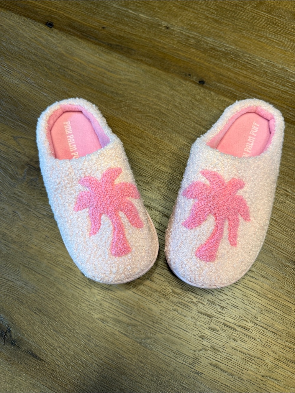 Pink Palm Puff Girls' Plush Slip-On Slippers